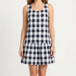 LOFT NWOT Navy and White Checkered Dress Sleeveless Drop Waist Half Button